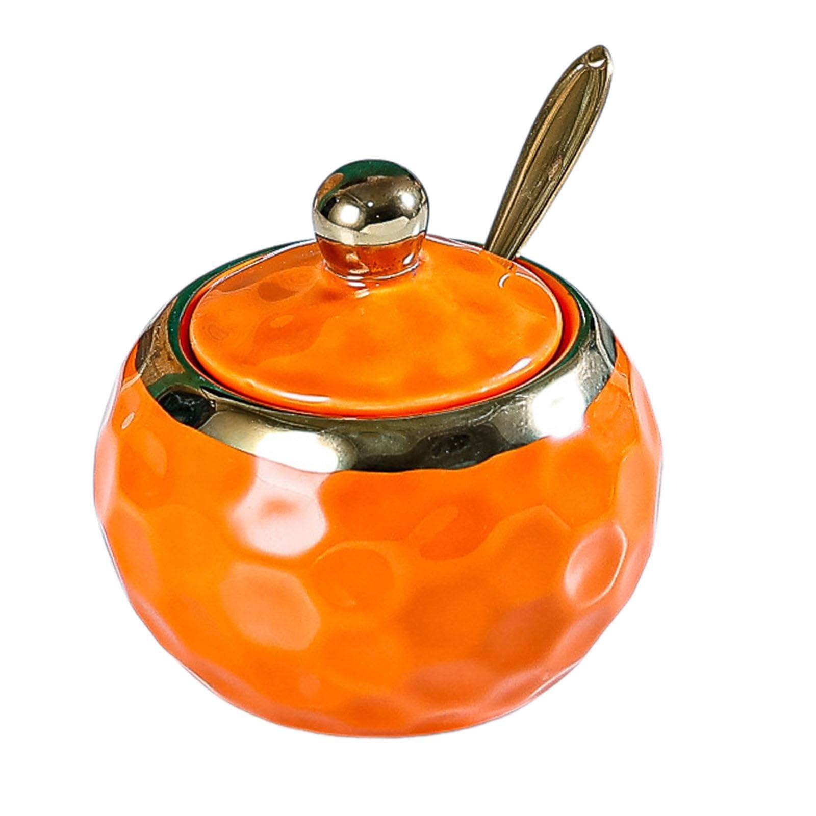 KIXZSAZ Premium Porcelain Sugar Bowl With Lid And Spoon Kitchen Essential Condiment Jar Offering Ample Storage Capacity For Spices Condiment Jar Kitchen, Orange, Round