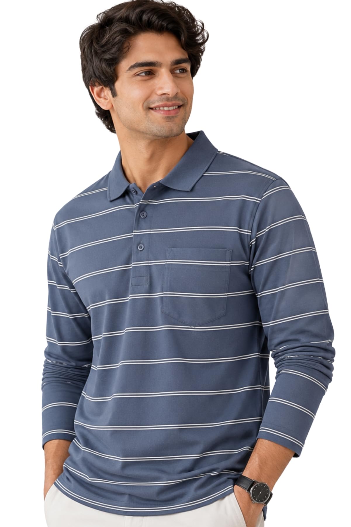 Full Sleeves Polo Collar Tshirt for Men with Pocket || Stripe Collar and Pocket Tshirt for Men Long Sleeves Navy Blue-image-24