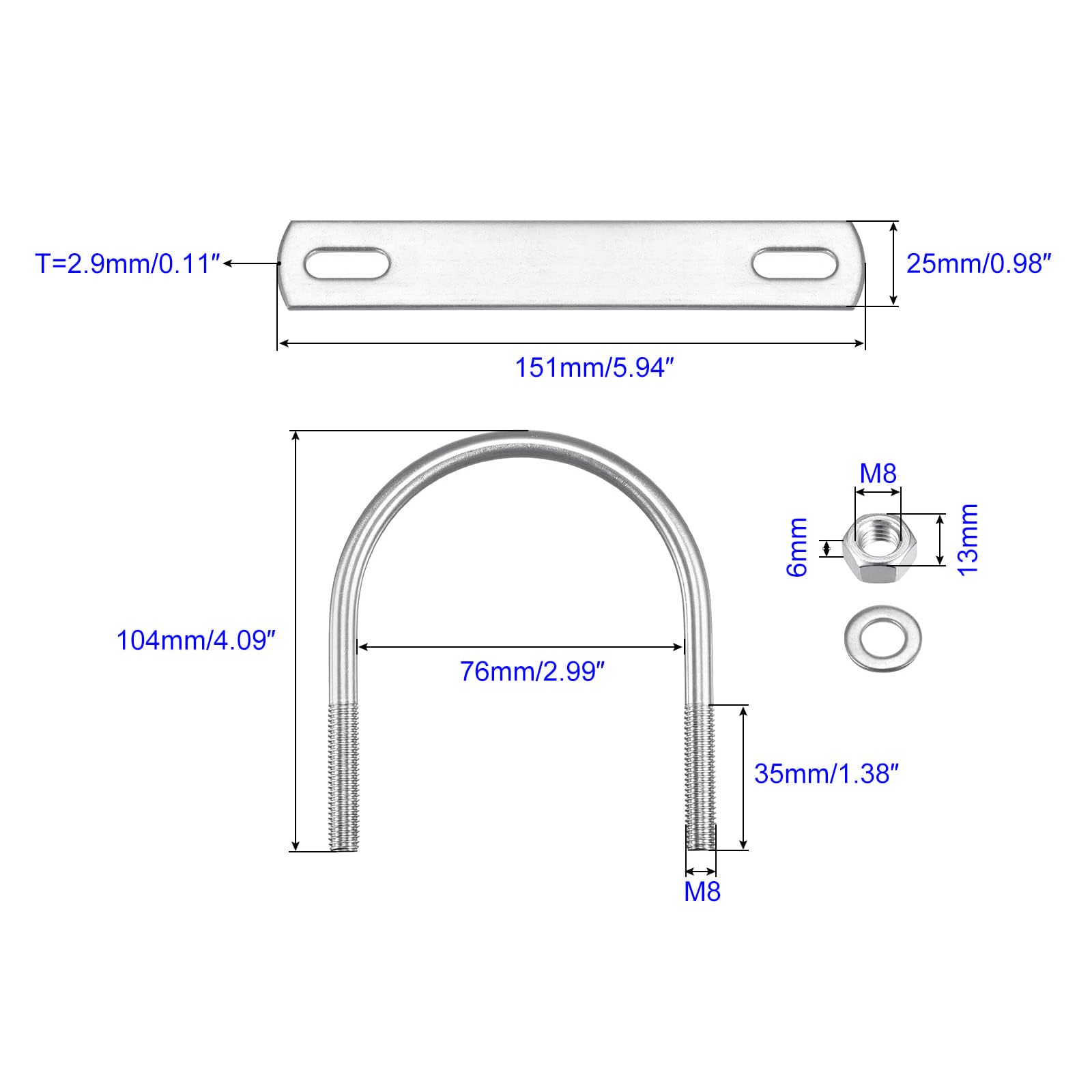 MACHSWON Round U-Bolt,2 Set 304 Stainless Steel M8 U Bolts 76mm(3") Inner Width 103mm Length with Nuts and Frame Plate for Automobiles Boat Trailer - Image 2