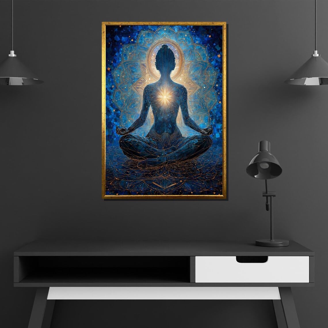 YUSUZHU Quadro su tela Meditazione Cosmica - Figura dell'Energia dei Chakra, pronto da appendere per interni spirituali, boho o yoga (40x60 cm/cornice interna)