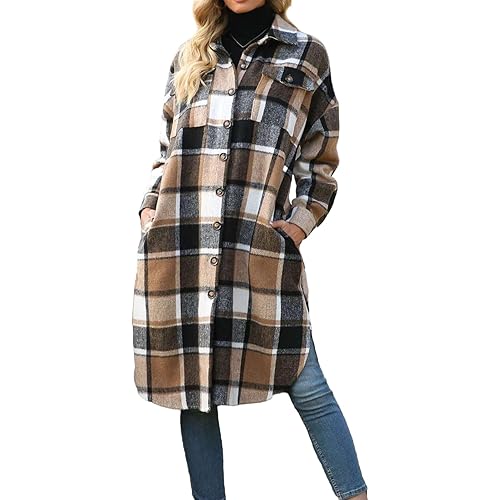 Xaspee Womens Long Plaid Shacket Jacket Casual Fashion Lapel Button Down Long Sleeve Long Plaid Coat with Pockets