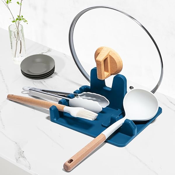 AUOON Silicone Utensil Rest and Pot lid holder with Drip Pad for Multiple Utensils,Dishwasher Safe,Heat-Resistant,BPA-Fr