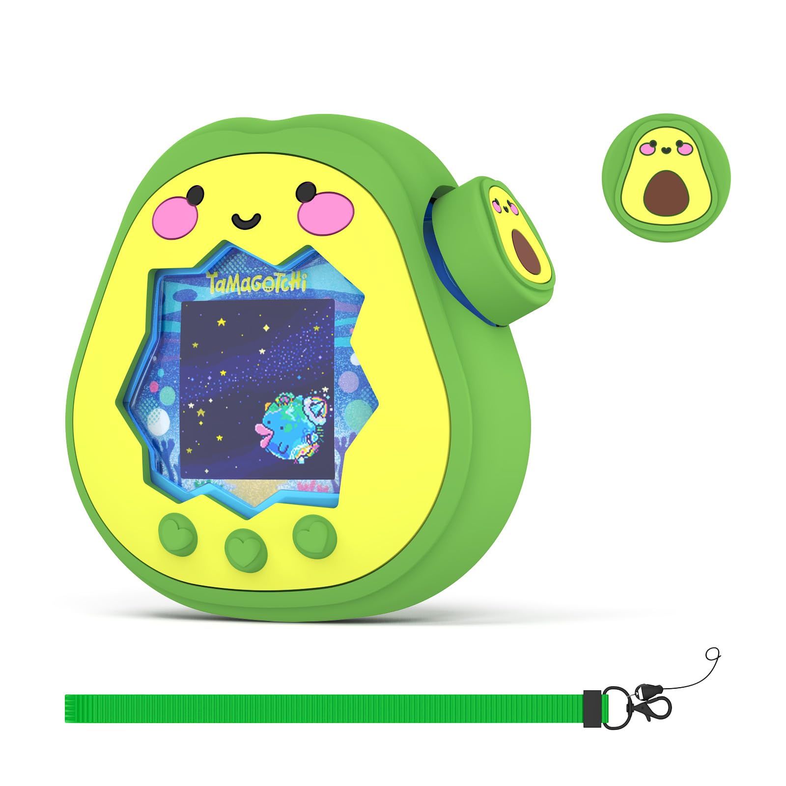 For Tamagotchi Paradise バンダイ タマゴッチ パラダイス 専用 キャラクターケース 可愛いカートン柄 柔らかいシリコン素材 全面保護 耐衝撃・防塵・傷防止 開口部位置正確 着脱簡単 長いストラップ付属 (グリーンアボカド)