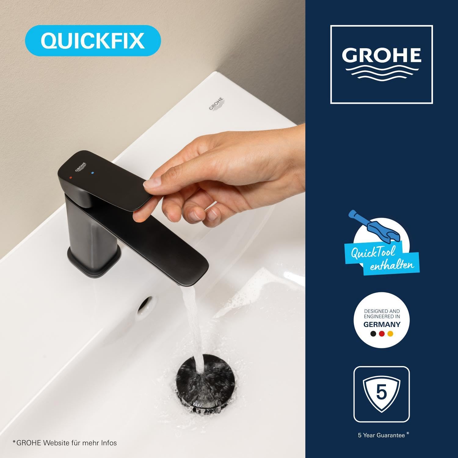 GROHE Dice, energiesparende Waschtischarmatur 3,5l/min, Kaltwasser in Mittelstellung (Wasserhahn für das Bad, 15cm hoch, Push-Open Ablauf, 3in1 Tool, einfache Installation), mattschwarz, 1018602430