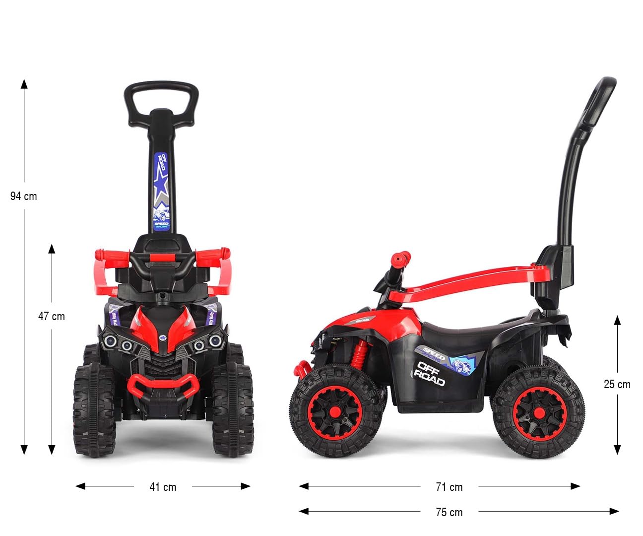 Milly Mally Wild Kinder Rutschauto mit Schubstange | 3-in-1 Offroad Quad Kinderfahrzeug für Kleinkinder 12-36 Monate | Rutschfahrzeug mit LED-Licht, Sound & Schutzbügel bis 25 kg (Red)