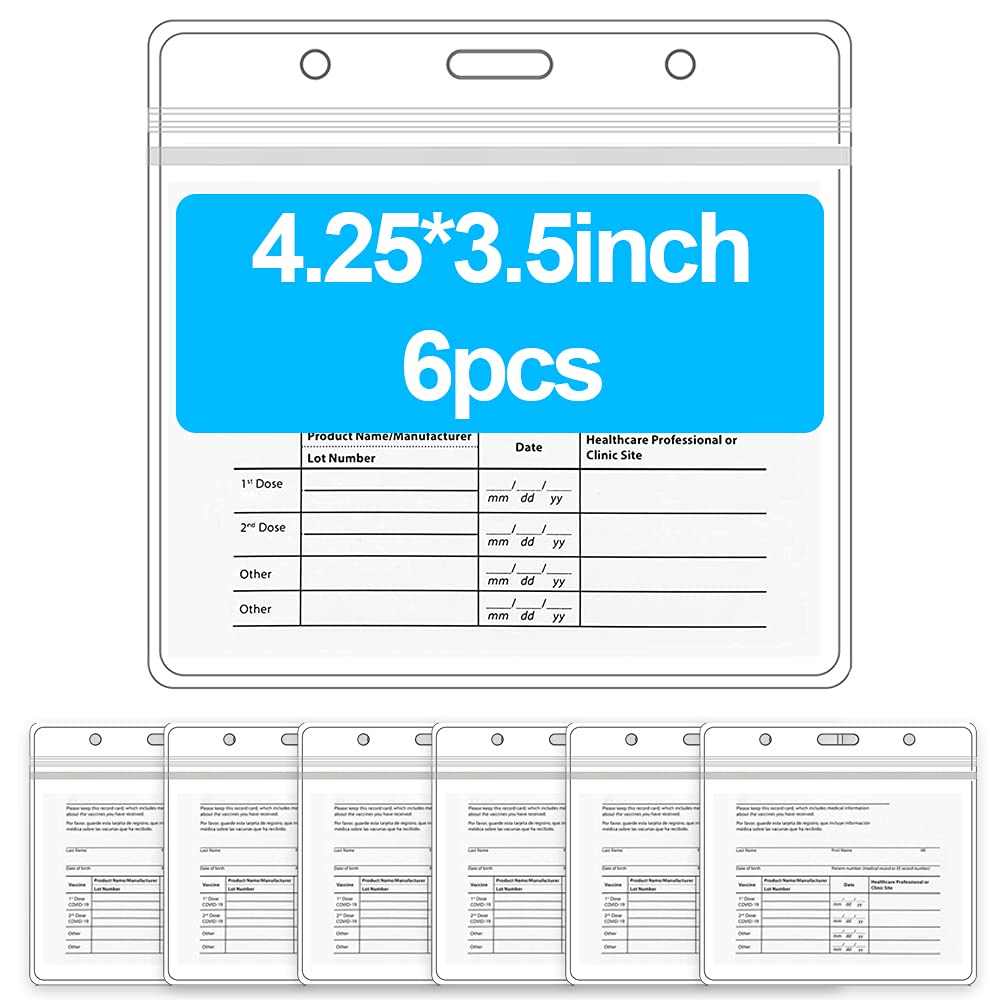 6 Pack Waterproof Card Protector Vacci-ne Card 4.2'' X 3.5'', Clear Vacci-Nation Card Holder Horizontal Badge ID Name Tag, Vinyl Plastic Sleeve with Waterproof Type Resealable Zip