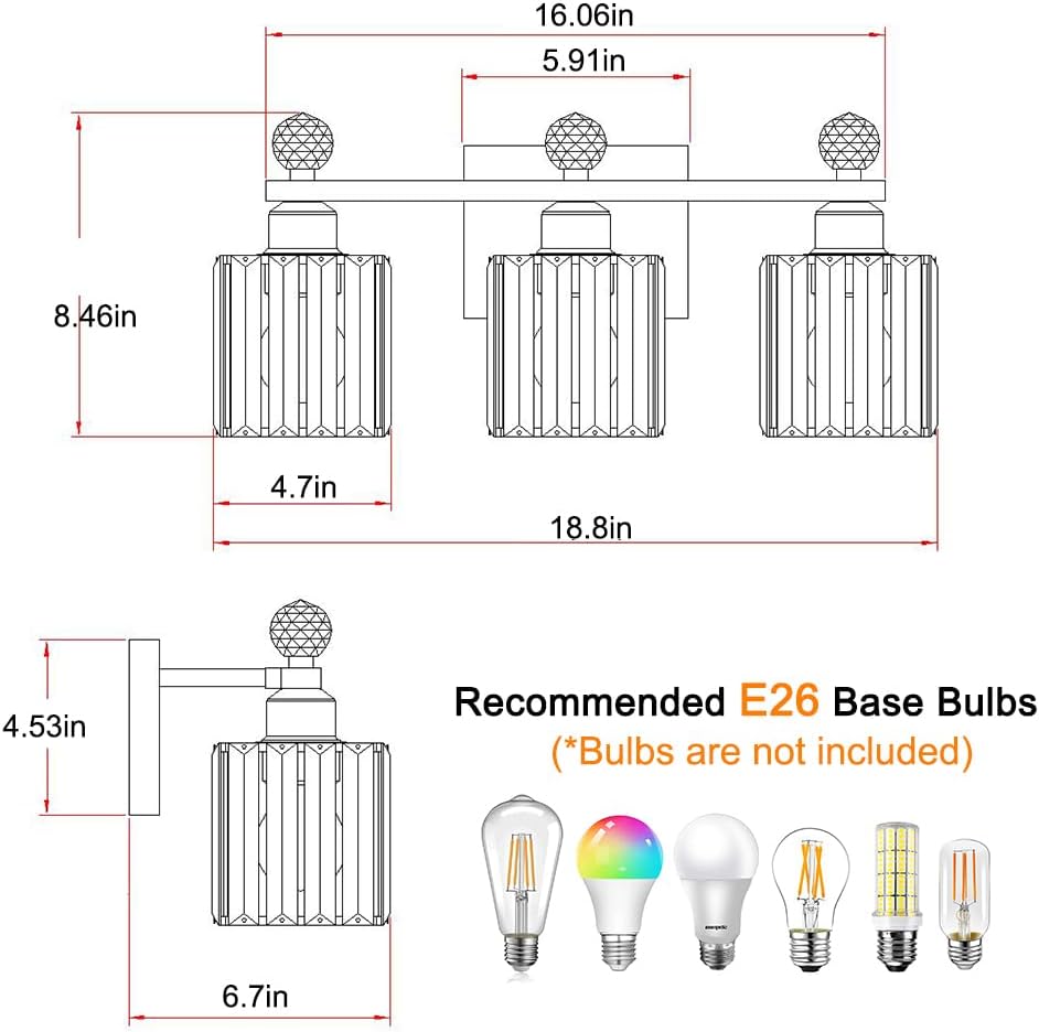Lxybcce 18.8 Inch Bathroom Vanity Light with Clear Crystal Shades, 3-Light Chrome Modern Fixture for Mirror, Easy Installation & Dimmable Lighting, Shadow-Free Illumination for Bathroom Mirror Decor