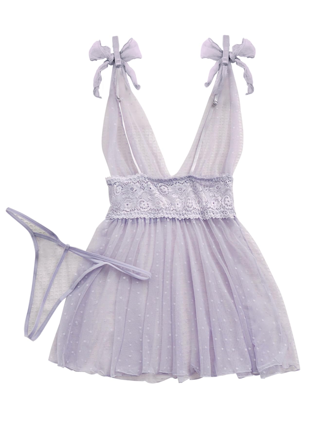 Lilosy Sexy Polka Dots Mesh Sheer Lace Babydoll Chemise Lingerie Set Floral Sleep Wear: Large Lavender Purple