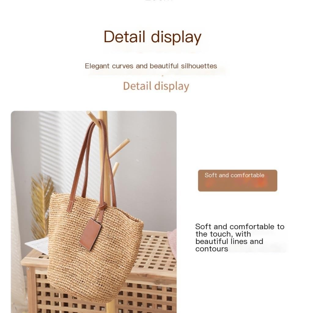 Geflochtene Tragetasche,Handtasche Gewebte Einkaufstasche aus Stroh, Schultertaschen, Sommer-Raffia-Rindsleder-Nähte, gewebte Tasche, Ledergriff, Umhängetasche, Messenger-Handtasche, Strohtaschen