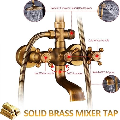 Miniatura 5 de TINICO Juego de grifos de ducha de latón antiguo, 8 pulgadas, montaje en pared, estilo vintage, cascada, kit de accesorios de ducha con rociador de