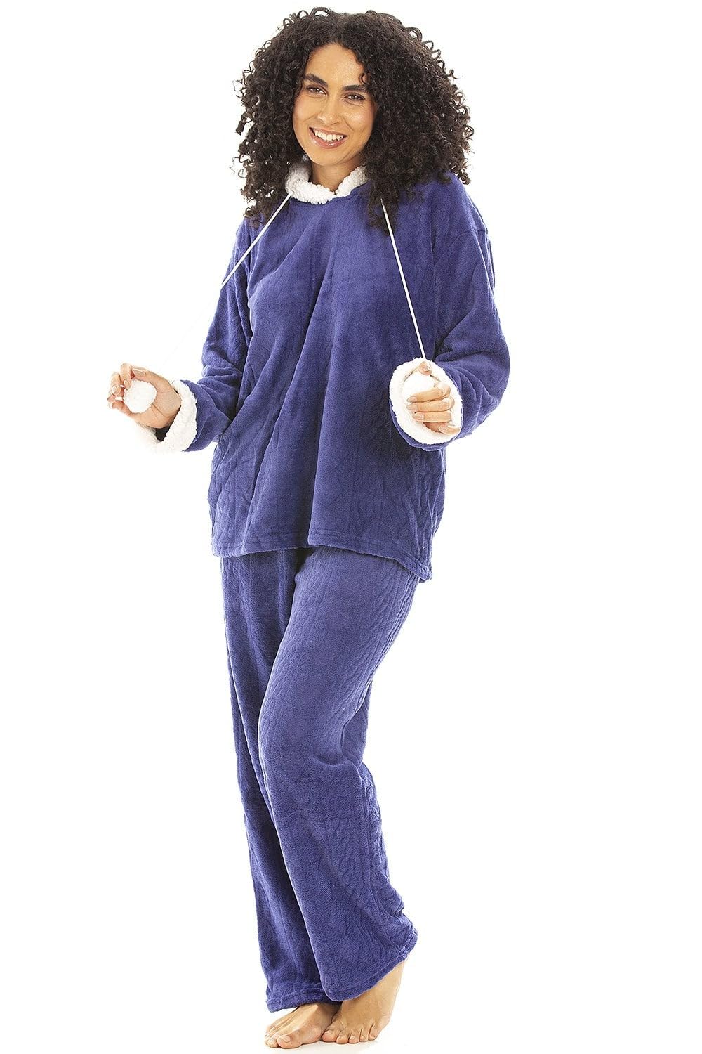 Camille Women's Hooded Pyjama Set Long Sleeve Fleece Nightwear - Navy - 18-20