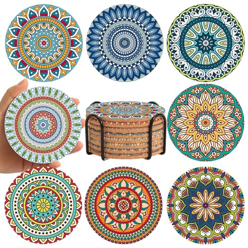 Cork Coasters Set of 8,Cork Coasters for Drinks,Colorful Coaster with Holder,Cute Easter Coffee Table Bar Coaster,Apartment Farmhouse Office Easter Decor, for Mom Grandma (Mandala 5)