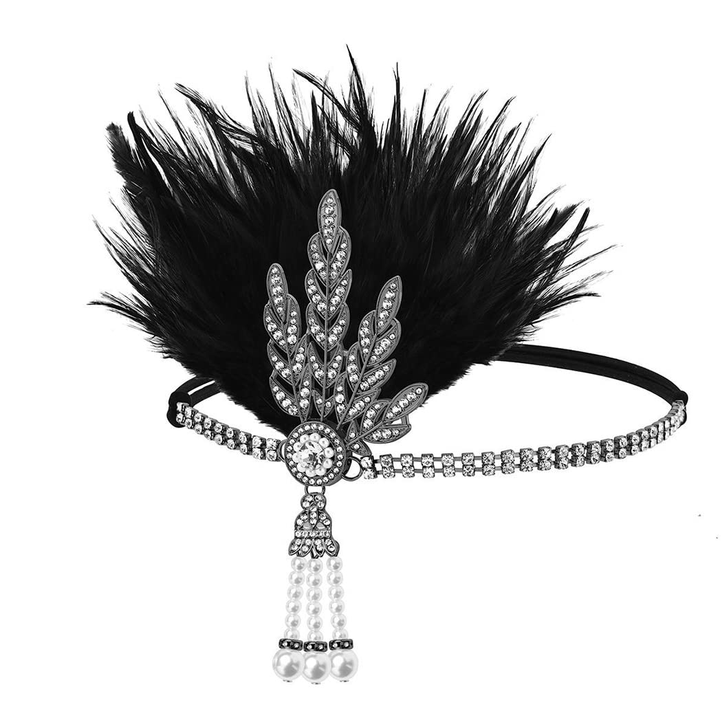 GORTIN 1920's Flapper Feather Headband Art Deco Headpiece Inspired Leaf Medallion Pearl Headband