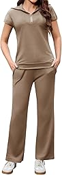 Aottori Survêtement Femme Sport 2 Pièces Ensemble de Sport Jogging Manches Courtes Pantalon de Sport Décontracté Yoga Fitness Zippé Poches Chic Élégant