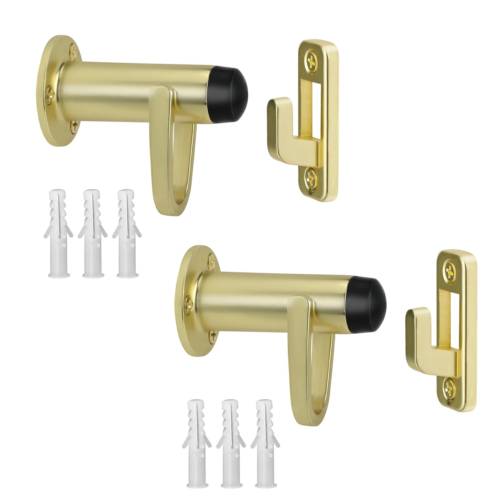 HOMOTEK 2 Pack Heavy Duty Door Stopper with Manual Hook,Door Holder Stop with Sound Dampening Rubber Bumper Wall Mounted, Brushed Brass