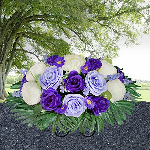 Henomo Headstone Flower Saddle For Grave,Color-Non Bleed,Artificial Cemetery Flowers-Purple Rose And White Peony Mix Arrangement, Outdoor Graveside Decor #TOP1