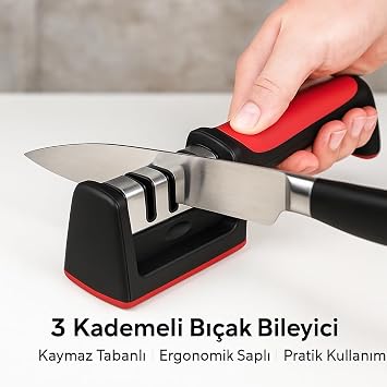 3 Açılı Profesyonel Bıçak Bileyici Elmas Seramik Tungsten Çelik El Bıçakları Bileme – Kırmızı Siyah