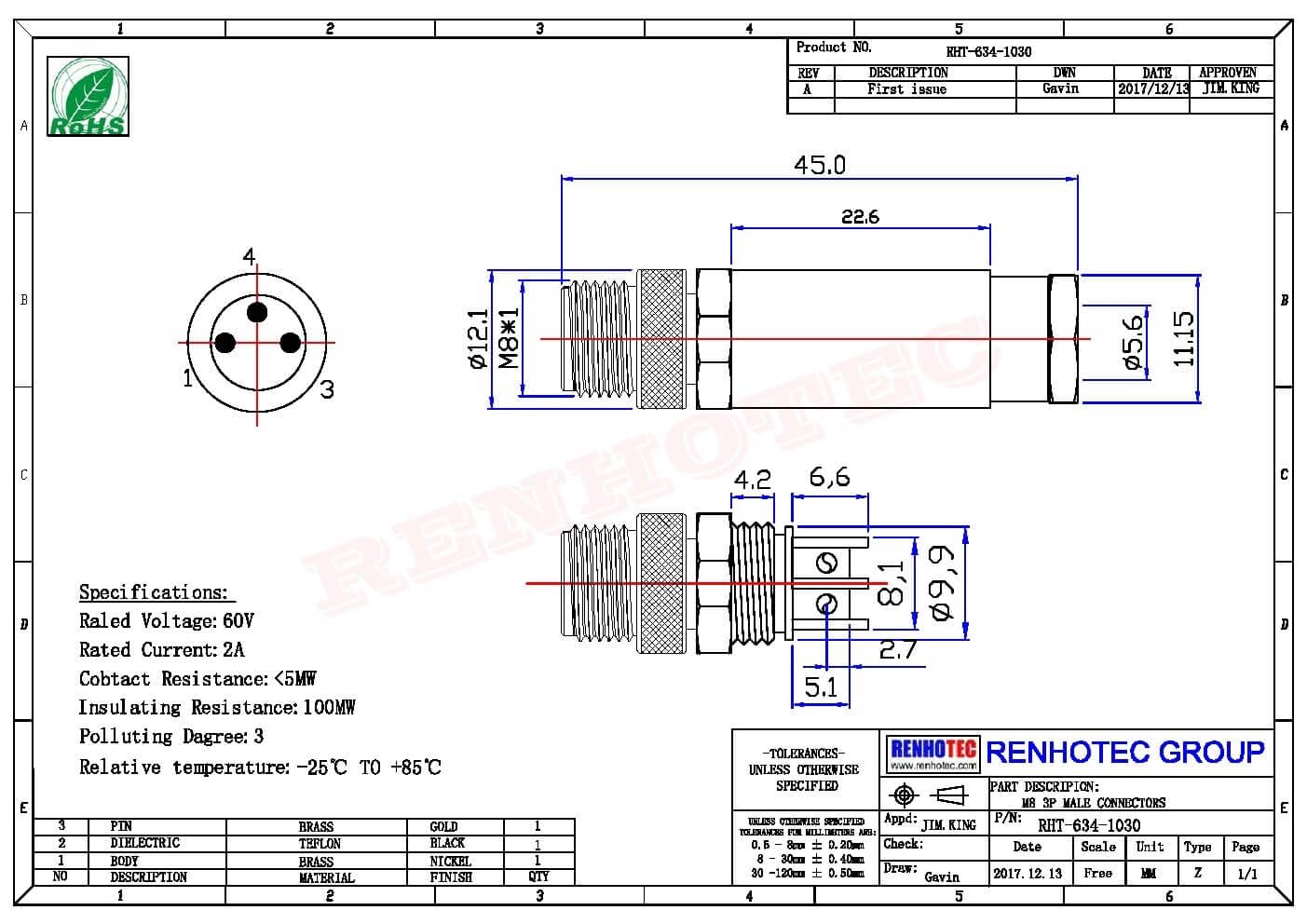 5PCS M8 3 Pin Connector Field Wireable A Code Industrial Circular Connector Straight Male Assemble Type Plug Non-Shield Connector, Outdoor Waterproof IP67