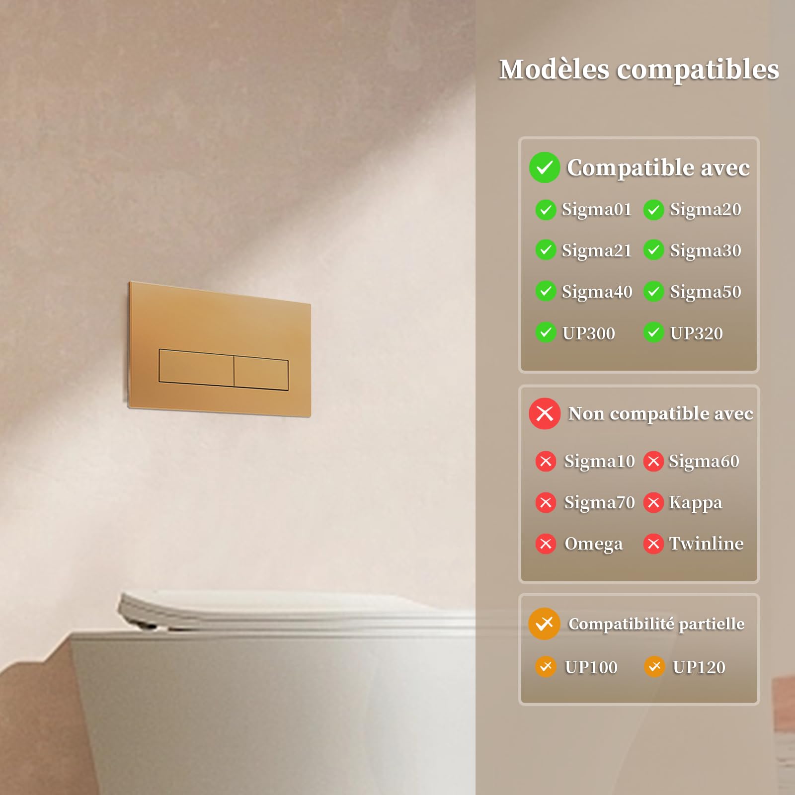 Plaque de Commande WC Double Chasse, Compatible avec Geberit Sigma 01/20/30, UP300 & UP320, avec Cadre et Leviers de Chasse, Dimensions 245 × 164 mm (Or Mat)