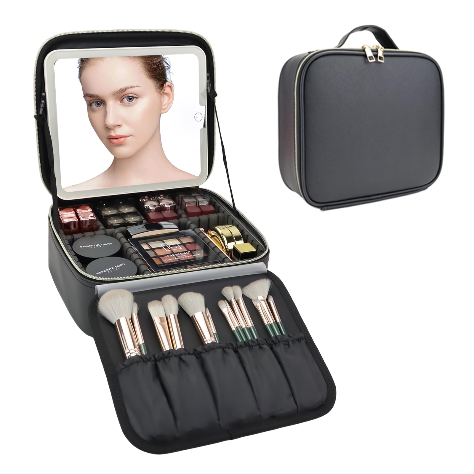Make-up-Tasche mit LED-Spiegel, Reise-Make-up-Organizer mit 3 beleuchteten Einstellungen, verstellbaren Trennwänden und Make-up-Pinsel-Aufbewahrung, Schwarz, Die große Reise-Make-up-Tasche mit