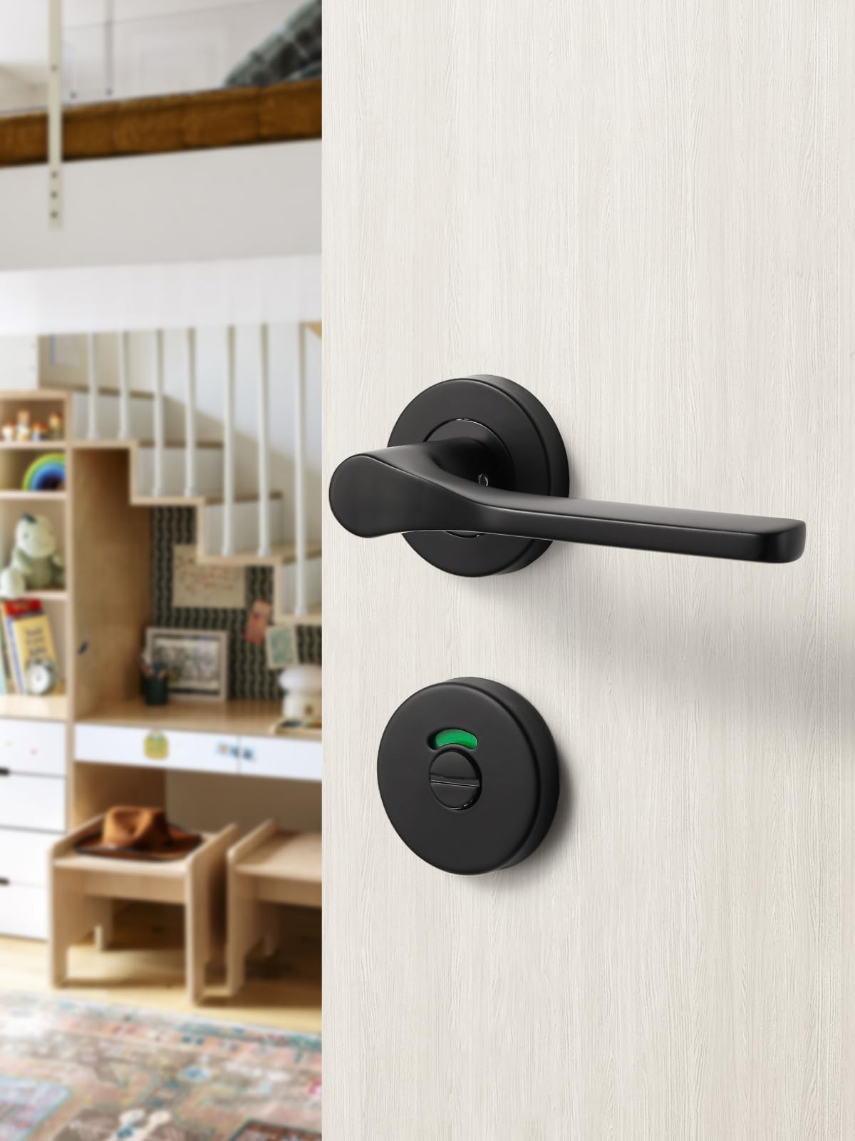 SORWDUERM Black Door Handle Set, Matte Brushed Stainless Steel, L Shape Round Rosette PZ Profile Cylinder for Front & Interior Doors - Image 4