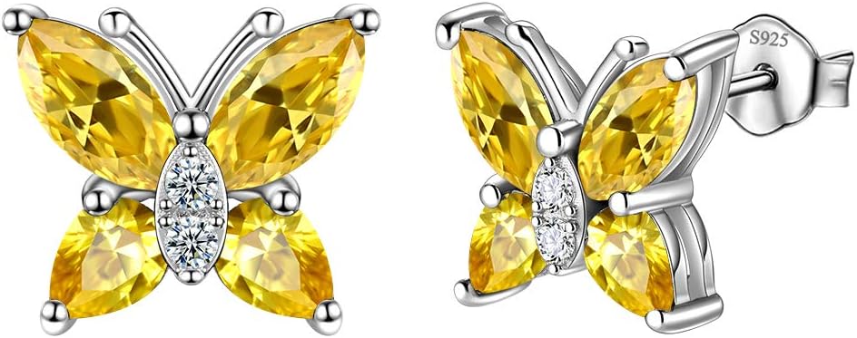 Butterfly Birthstone Stud Earrings - Women 925 Sterling Silver Butterflies Birthstone Stud Earrings Birthday Gift for Women