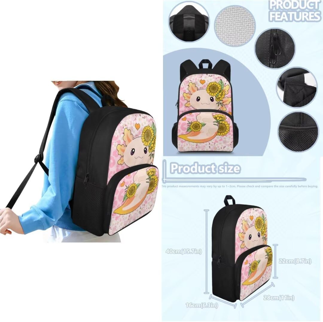 Kuiaobaty Pink Axolotl 15 Inches Girls Book Bag and Lunch Box Kawaii Backpack and Pencil Box for Daycare Thicken School Bag with Lunch Bag for Kids School Supplies Gift for Birthday