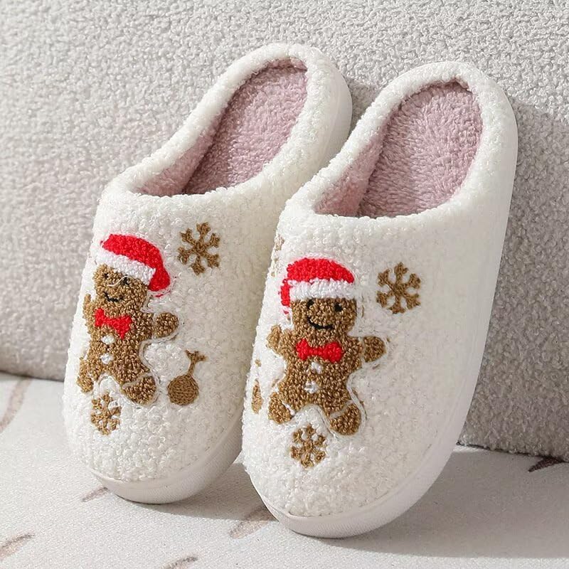 Image of Christmas Slippers Winter Warm Plush Pattern Slippers Soft Non-Slip Indoor House Shoes for Men Women