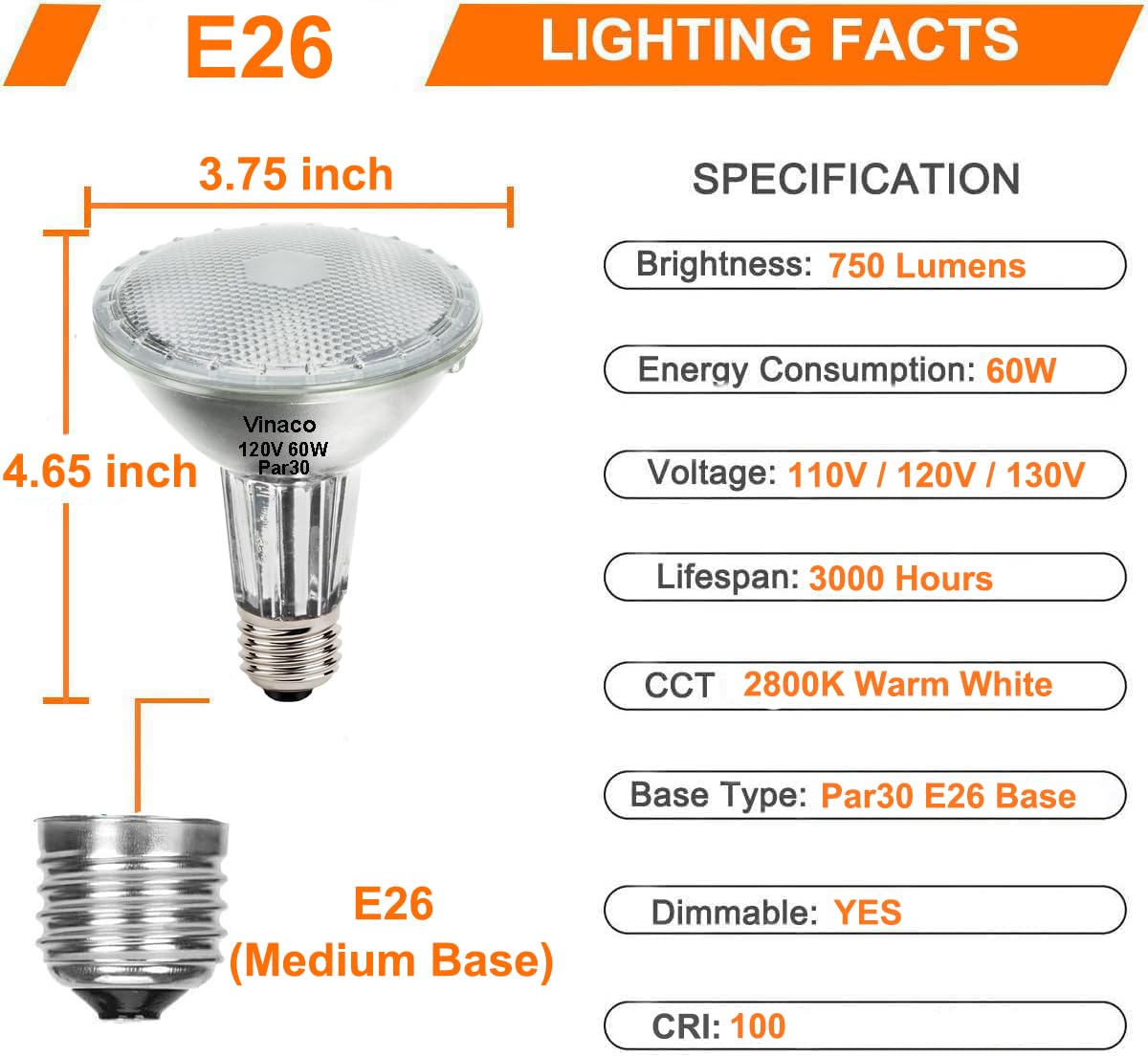 Vinaco PAR30 Long Neck 60W 6 Pack Long Lasting PAR30 Halogen Flood Light Warm White 2800K PAR30 Dimmable — view 5