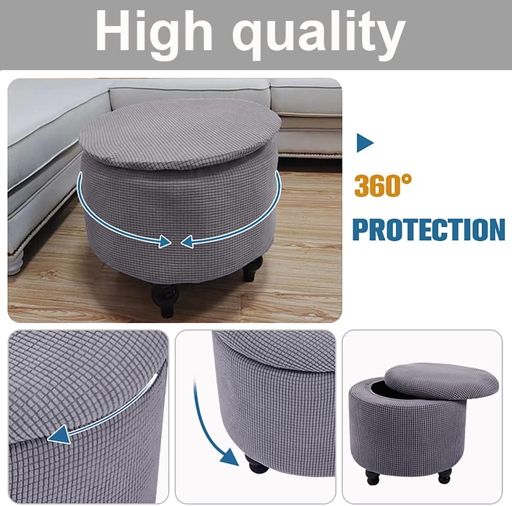 Andreannie Stretch Dark Grey Jacquard Fabric Ottoman Slipcover Floding Storage Foot Stool Covers Soft Round Slipcover Removable Washable Furniture Protector for Home Decor (Dark Grey)
