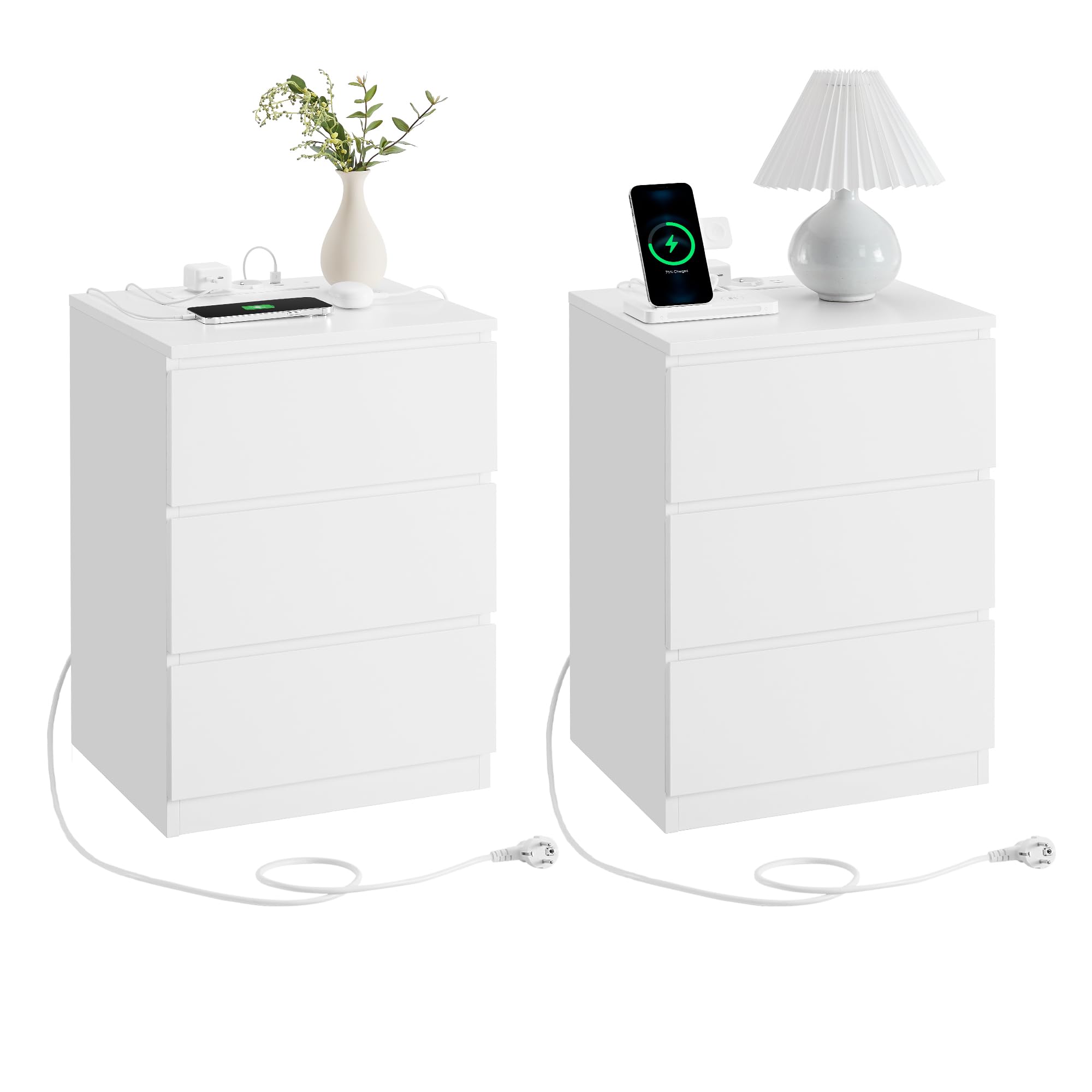 VASAGLE Kailyn Collection - Nachttisch mit Steckdosenleiste, 2er Set, Beistelltisch, 3 Schubladen, 2 AC-Steckdosen, 2 USB-A-Anschlüsse, modern, wolkenweiß LET831W14