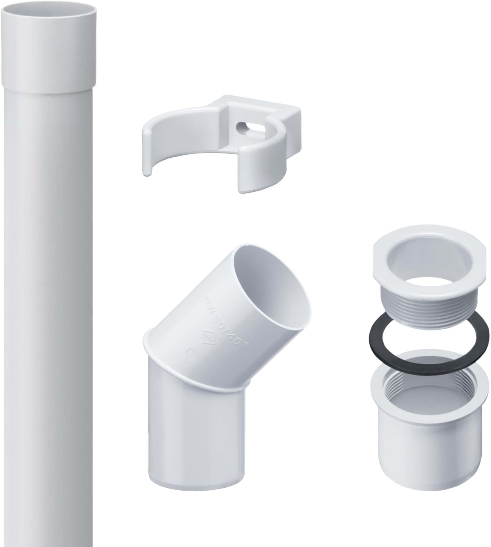 Inefadownpipe Set 50mm, PVC 2m White Gutter Accessories, Simple Push-fit Installation, Made in Germany