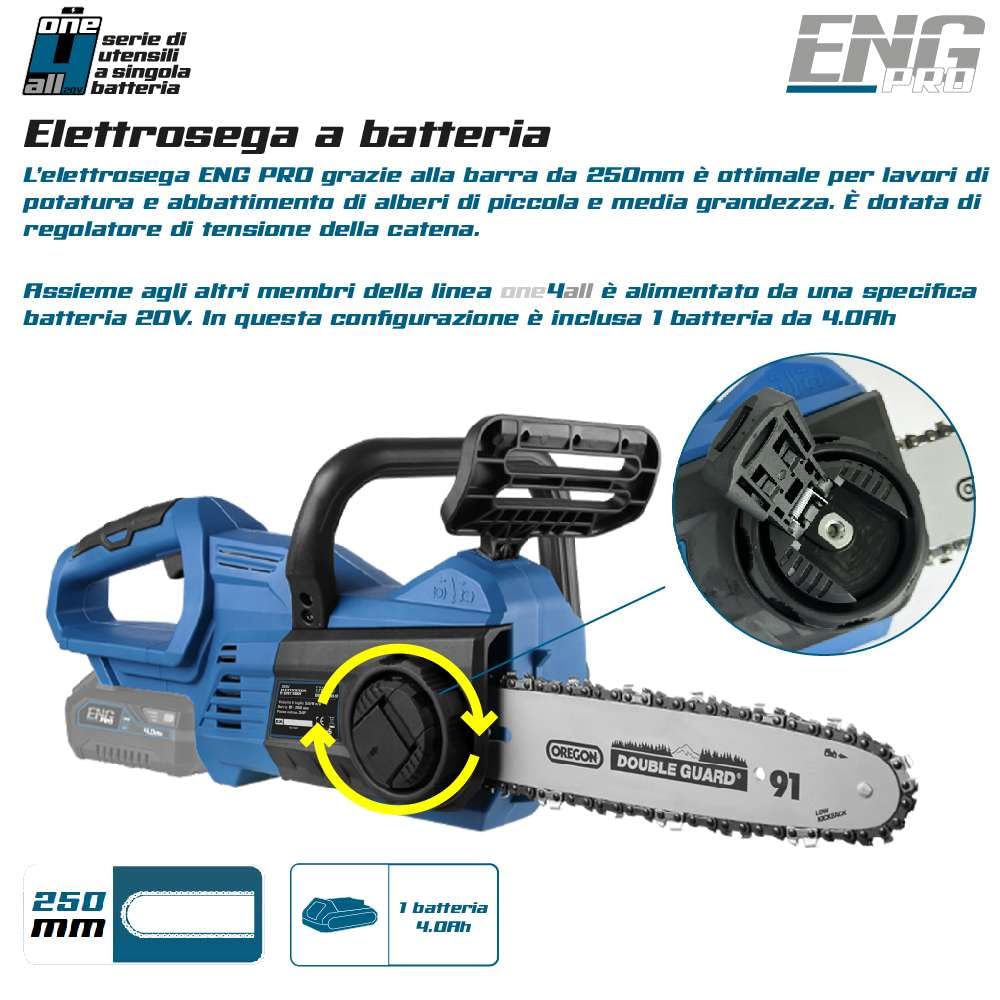Motosega a batteria per potatura| Linea Professionale a Batteria ONE4ALL| Elettrosega portatile | Lunghezza Barra lama 10” (250 mm) | 1 Batteria 4.0 Ah