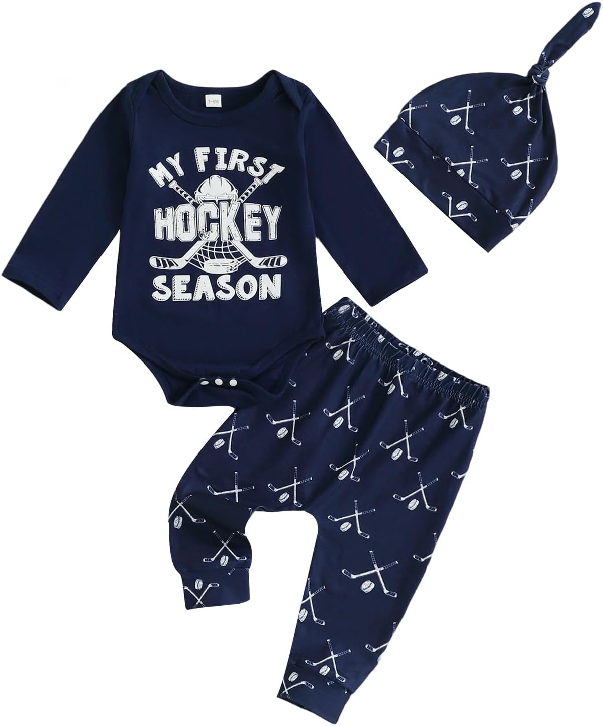 Newborn Fall Winter Outfit Funny Letters Print Baby Onesie and Pants Hat Set Cute Hockey Outfit Baby Boy 0-18M