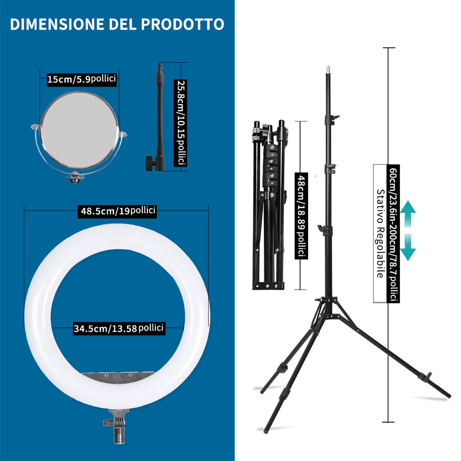 19" LED Ring Light Luce Anulare Kit con Stativo, Specchio e Supporto per Telefono per La Fotografia in Studio, Ritratto, Selfies, Live Streaming, Registrazione Video, Trucco di Bellezza
