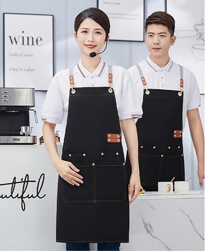 Miniatura 3 de Delantal de chef de lona con espalda cruzada para hombres y mujeres con correas ajustables y bolsillos grandes, delantal de lona, Negro