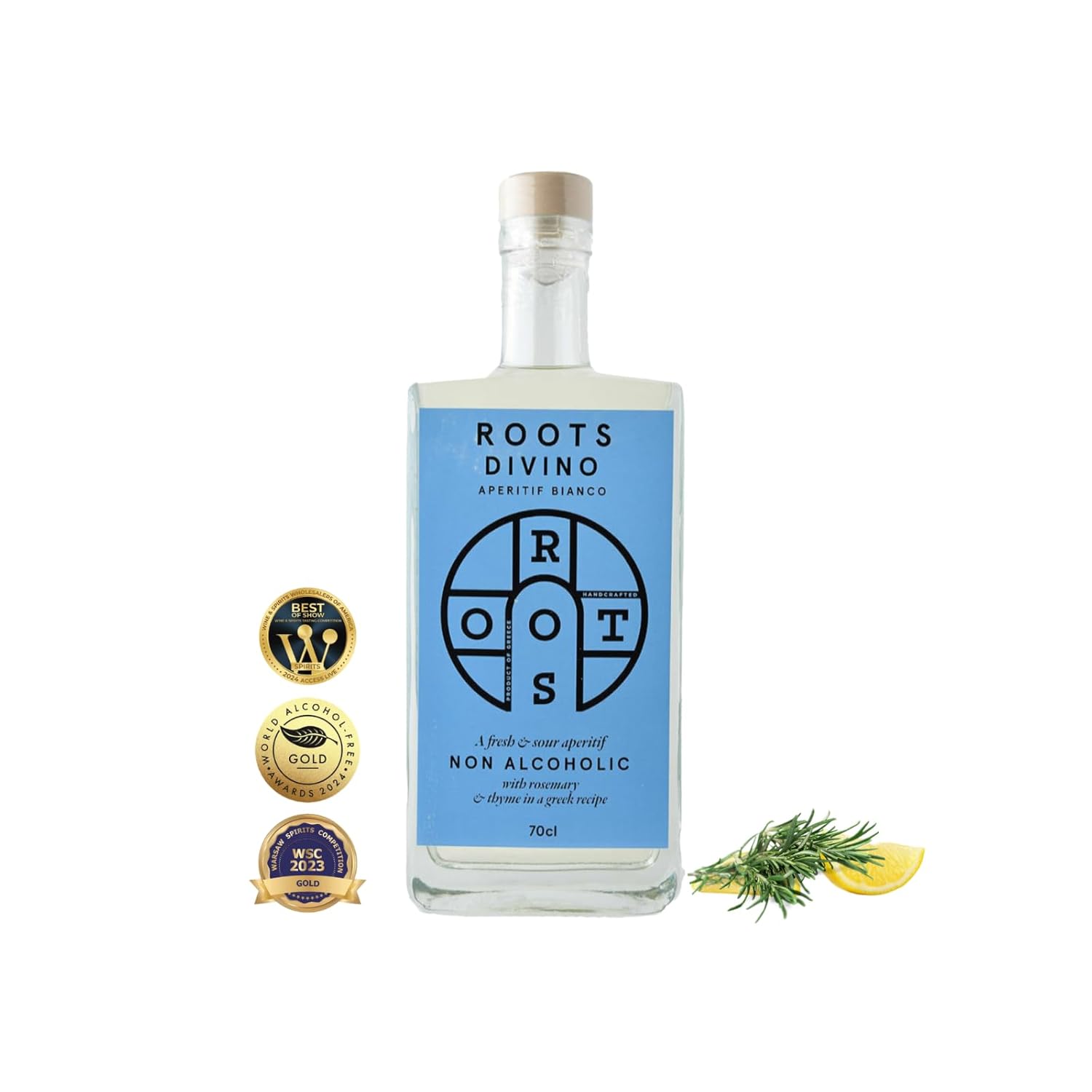 Roots Divino Bianco Non Alcoholic Vermouth | Multiple Gold award winning wine-based zero proof aperitif | Handcrafted with greek lemons and thyme | Low Cal | Made in Greece | 23.7fl oz (700ml)