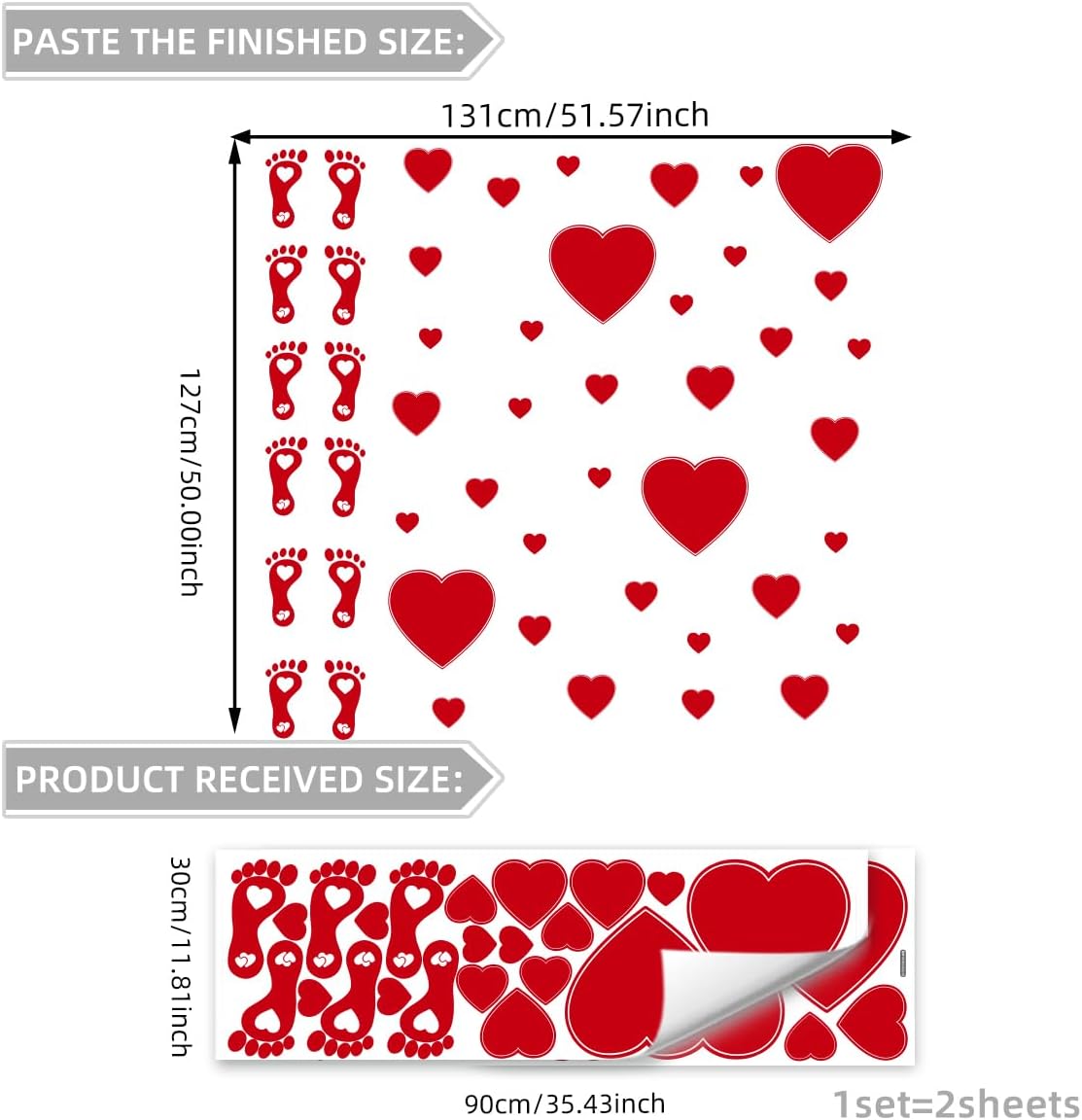 Valentine's Day Wall Decals Red Heart and Footprint Stickers Valentines Day Party Favor for Window Wall Floor Wedding Anniversary Decoration