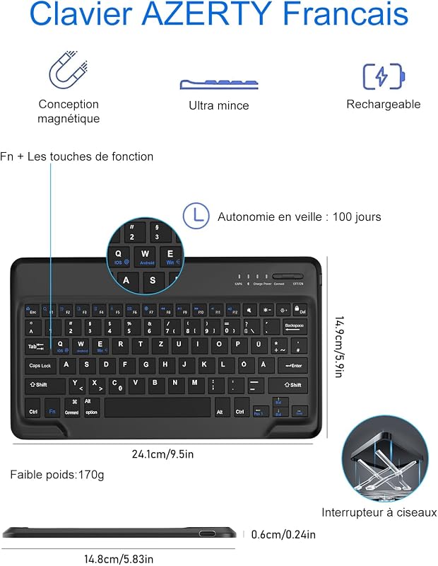 FOGARI Bluetooth Billentyűzet Samsung Galaxy Tab S9 Plus/S8 Plus/S7 FE/S7 Plus Tablethez - Fekete AZERTY Mágneses Védőtok 12,4" Készülékekhe