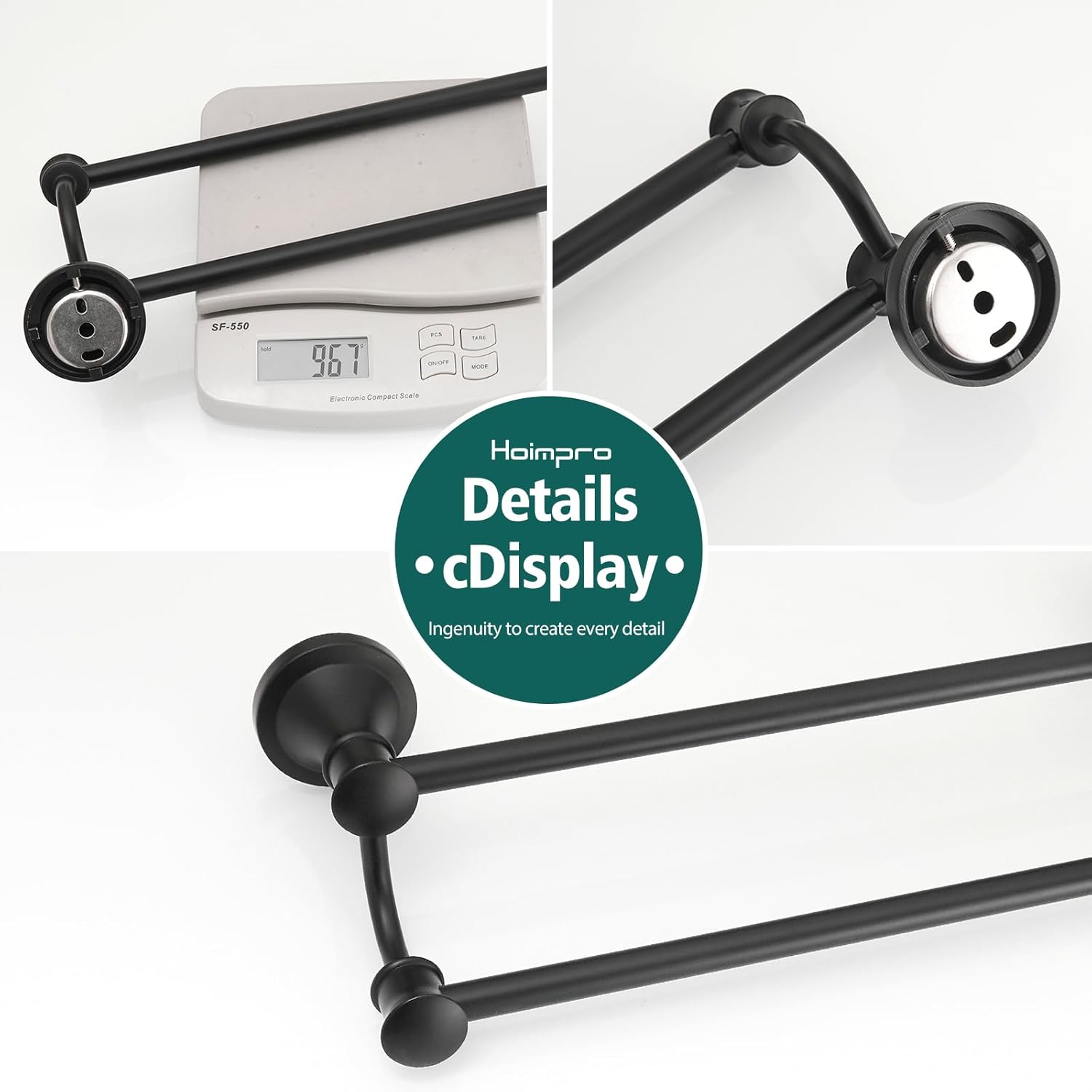 Hoimpro Adjustable Retractable 15-27 Inches Stainless Steel Bathroom Towel Bar, Bathroom Accessories Bath Hotel Double Towel Bar Rod Hanger Wall Mounted Towel Holder Towel Rack, Matte Black