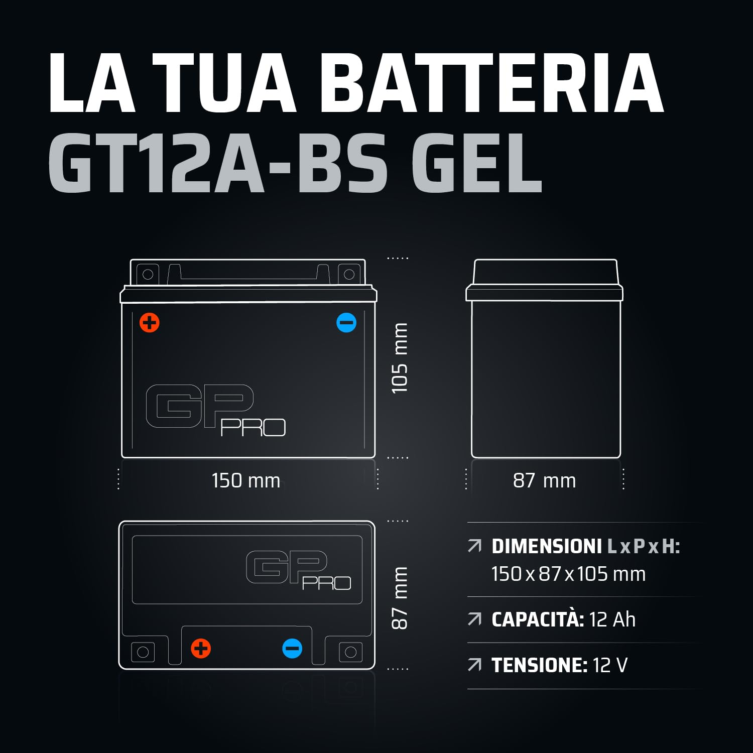 GP-PRO Akumulator rozruchowy GT12A-BS 12V 12Ah GEL (kompatybilny z akumulatorem motocyklowym YT12A-BS / YTX12A-BS) (bezobsługowy/uszczelniony)