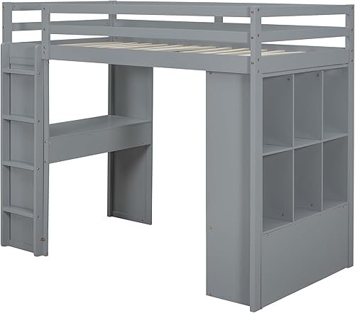 Miniatura 24 de Cama tipo loft de tamaño individual con 3 estantes, 2 armarios y 2 cajones, cama alta funcional con escalera de almacenamiento, marco de cama loft