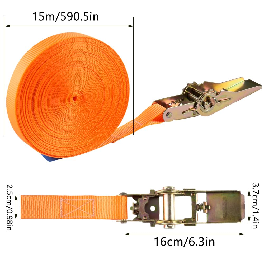 Lot de 2 sangles d'arrimage avec cliquet - 15 m - Couleur orange - Sangle d'arrimage avec cliquet pour planche de surf, moto, voiture, kayak et remorque, force de traction 800 kg, charge