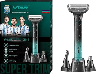 أدوات حلاقة احترافية للرجال V-625، طقم أدوات 3 في 1 لحلاقة الجسم والأنف والأذن والحواجب، مقاومة للماء بدرجة IPX5، وقت تشغيل 60 دقيقة وشحن سريع USB-C مع 3 رؤوس قابلة للتبديل ومؤشر ليد (لون أخضر)