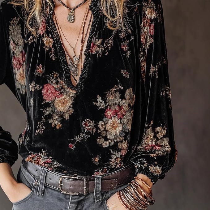 Velvet Tops for Women Deep V Neck Long Sleeve Western Shirt Elegant Loose Pleated Collar Boho Print Floral Blouse - Image 4