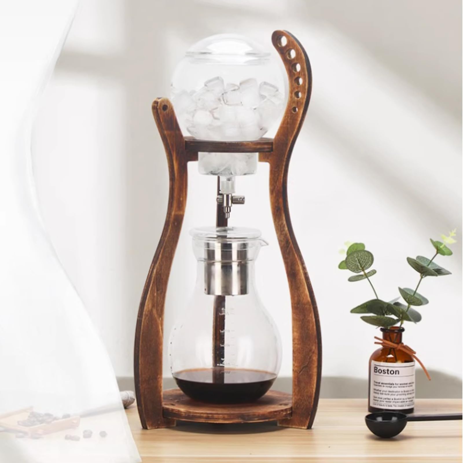 Cold Brew Coffee Maker, Iced Drip Coffee Machine with Adjustable Dripper, Wood Frame, Stainless Steel Filter, 6-8 Cups