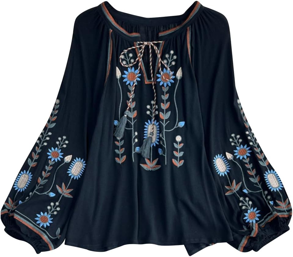 Mexican Embroidered Shirt for Women Causal Top Women's Lantern Sleeve Round Neck Fringe Blouse