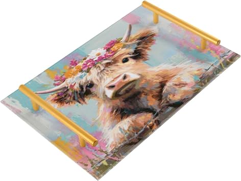 Cow with Pink Flowers Bathroom Tray Vanity Trays Decorative Acrylic Trays Countertop Organizer Perfume Makeup Jewelry Tray for Home Kitchen