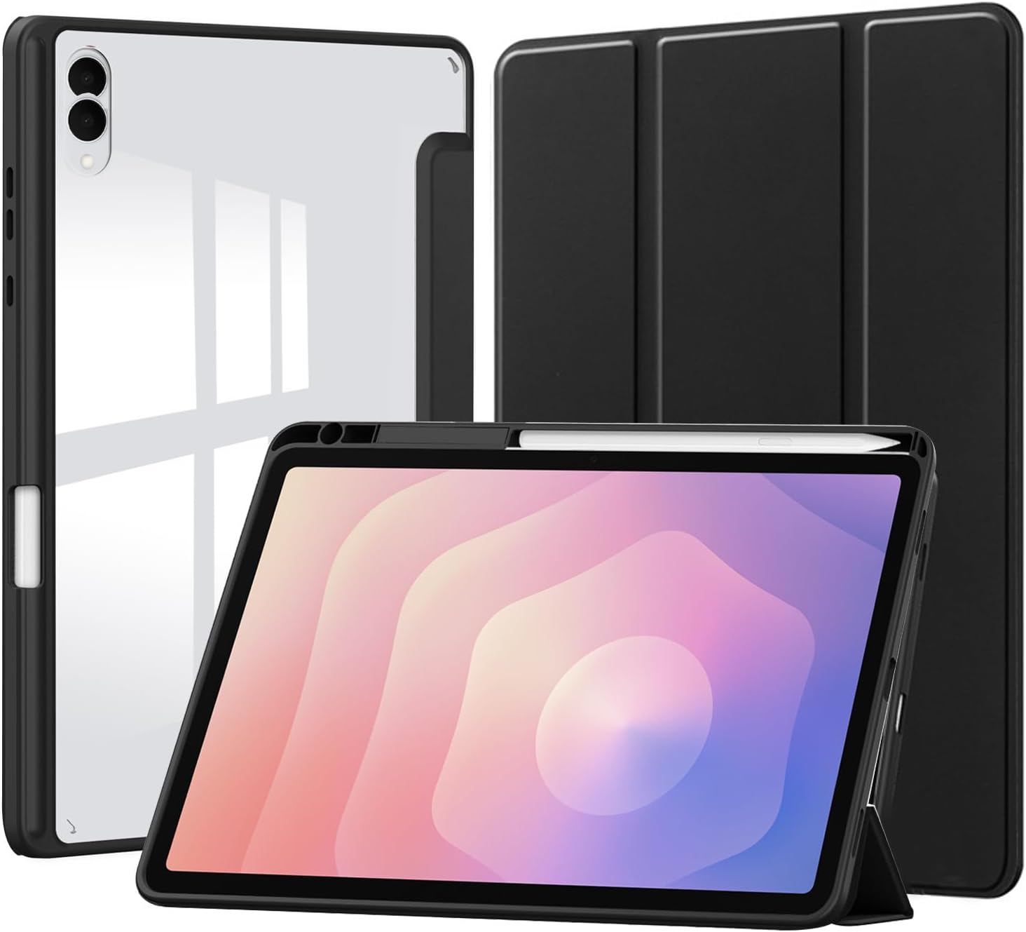 Case for Samsung Galaxy Tab S11 Ultra, Hard Crystal Clear Back Shell and Flexible Soft TPU Bumper with Pen Holder-Slim Folding Stand Folio Cover Fits Galaxy Tab S11 Ultra with Auto Wake/Sleep (Black)