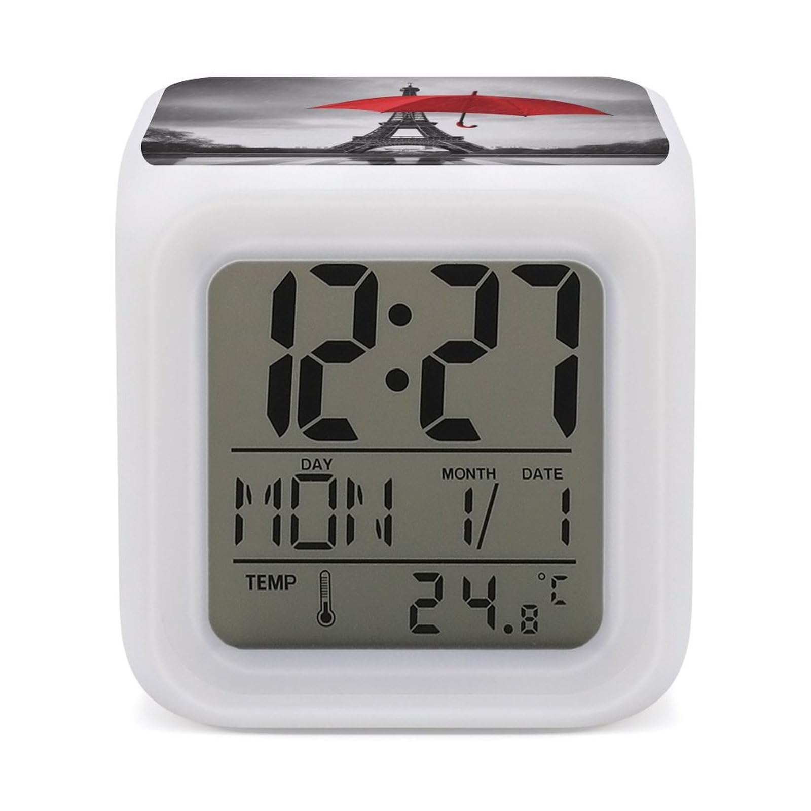 VstaDank Eiffel Tower with Red Umbrella Alarm Clocks with 7 Color Changing Night Light Exquisite Bedroom Digital Clocks with LED Temperature Display Desk Clock Ok to Wake Clocks for Heavy Sleeper